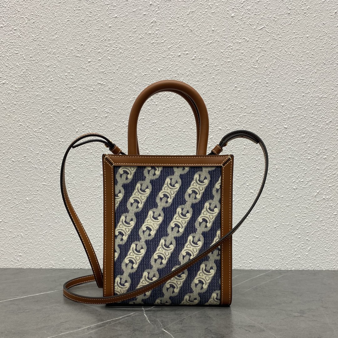 Celine Mini Vertical Cabas In Triomphe Canvas Print And Calfskin With Celine Print Blue/Tan 193302